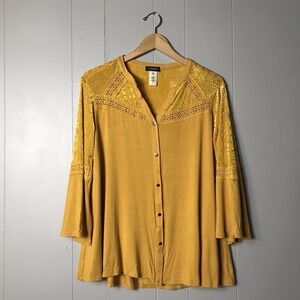COCOMO GOLDEN YELLOW BUTTON FRONT LACE SHOULDER & SLEEVE BLOUSE WOMENS LARGE